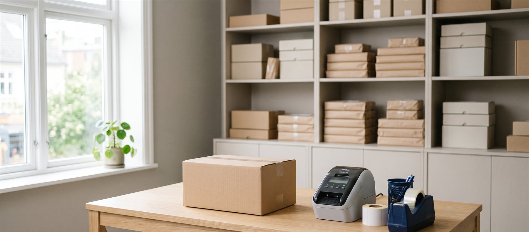 A packing table with a cardboard box, label printer and shelves of parcels