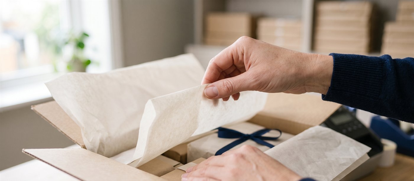 Hands carefully inspecting the tissue-wrapped contents of an open parcel