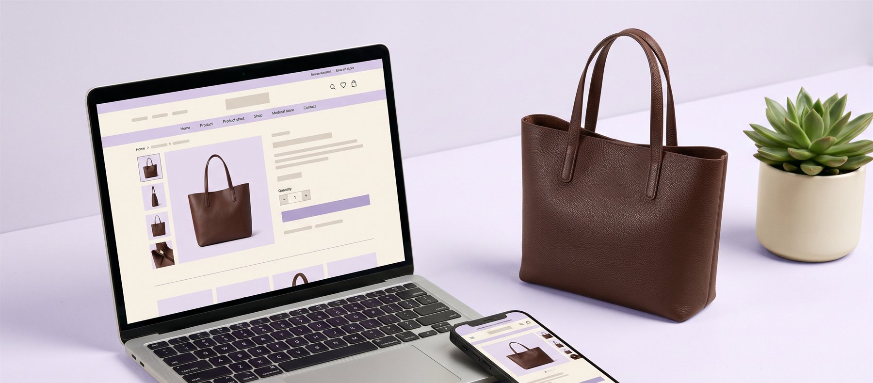 A laptop and phone showing an online store beside a leather tote bag